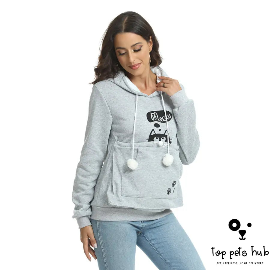 Casual Cat Print Hoodie With Big Pocket For Pets Long Sleeve