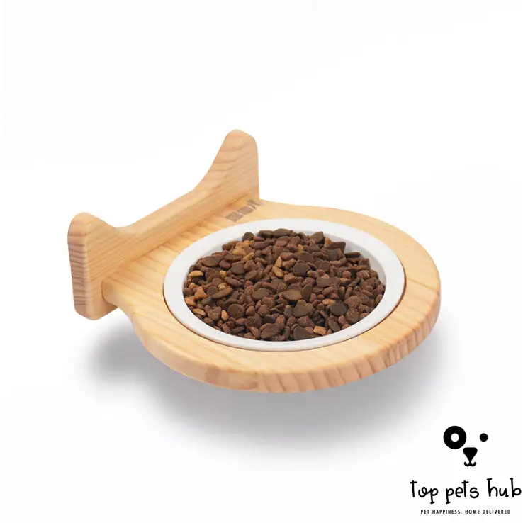 Ceramic Pet Bowl with Solid Wood Stand