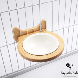 Ceramic Pet Bowl with Solid Wood Stand